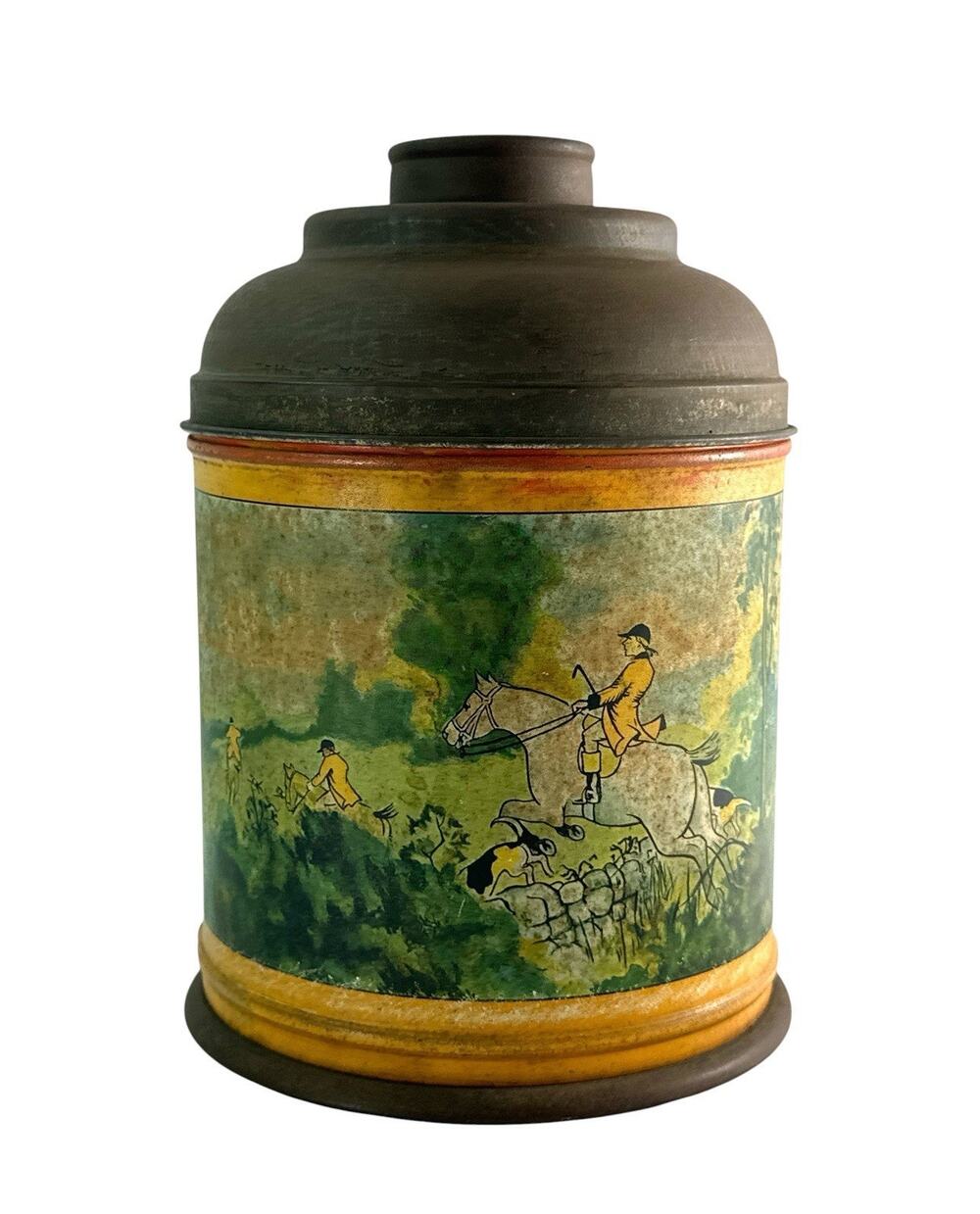 Antique Rumidor Tobacco Humidor Tin Fox Hunt English Hunting Scene 1920s 1930s